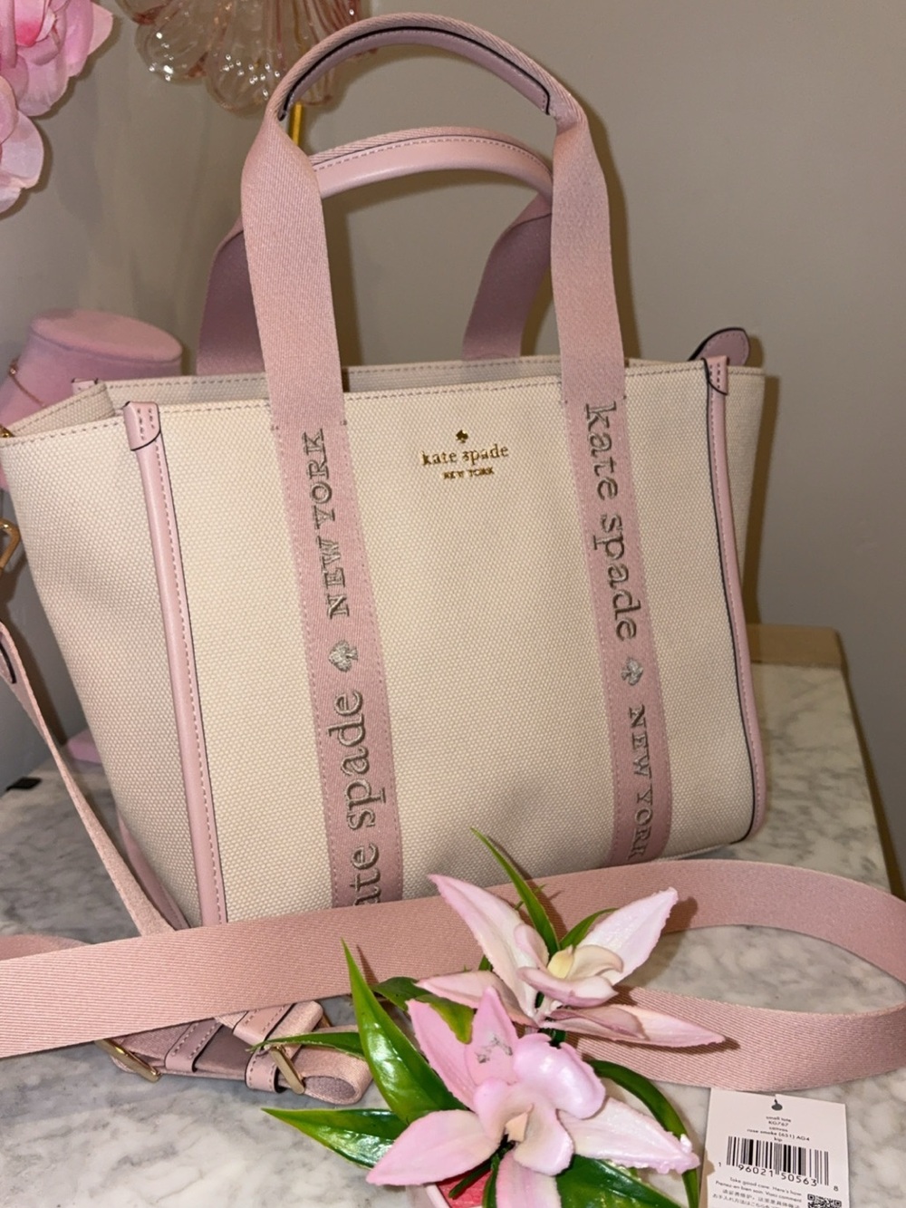 kate spade Cream and Blush Pink Canvas Tote with Branded Webbing